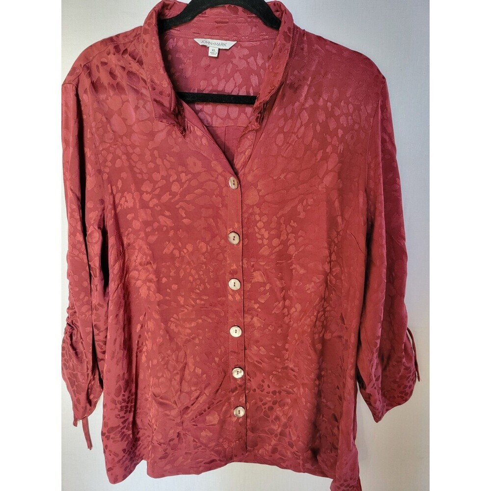 John Mark Plus Size 1X Burgundy Tunic Shirt Ruched Tie Sleeves Damask